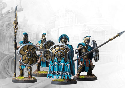 Four individual City States Hoplite miniatures on round bases, showcasing the command options and dynamic poses for the unit, armed with spears and shields.