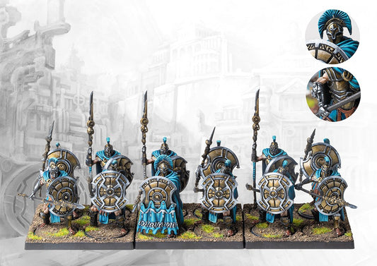 A fully painted unit of twelve City States Hoplite miniatures on square bases, depicted as a phalanx of warriors with crested helmets, spears, and large round shields.A fully painted unit of twelve City States Hoplite miniatures on square bases, depicted as a phalanx of warriors with crested helmets, spears, and large round shields.