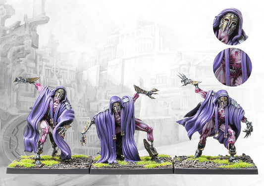 Three fully painted City States Inquisitor miniatures on square bases, depicted as masked, biomechanical figures with purple cloaks in contorted poses.