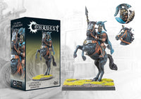 The product box and painted miniature for the City States Ipparchos character, a cavalry leader on a rearing horse, with detail callouts.