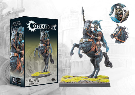 The product box and painted miniature for the City States Ipparchos character, a cavalry leader on a rearing horse, with detail callouts.