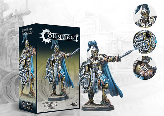 The product box and painted miniature for the City States Lochagos officer, a warrior with a sword and intricate gear-like shield, with detail callouts.