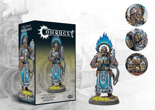 The product box and painted miniature for the City States Mechanist character, a figure with a blue flame halo and mechanical mask, with detail callouts.