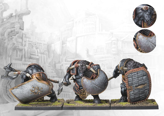 Three fully painted City States Minotaur Haspist miniatures on square bases, depicted as heavily armored minotaurs carrying massive shields and axes.