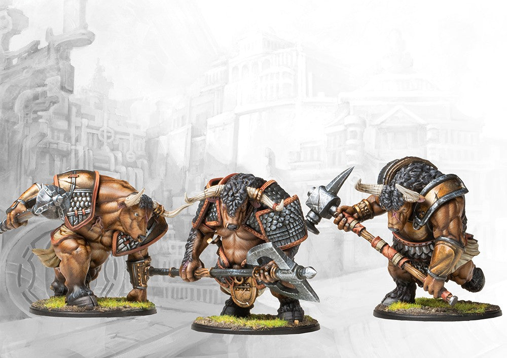 Three individual City States Minotaur Thyrean miniatures on round bases, showcasing their charging poses and heavy two-handed weapons.