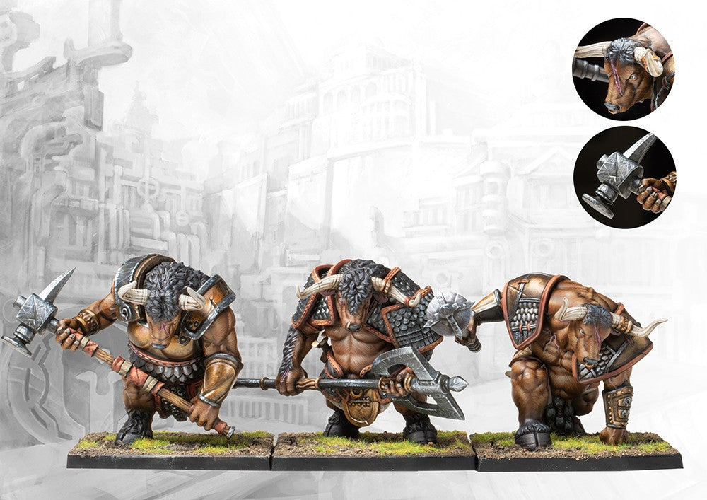 Three fully painted City States Minotaur Thyrean miniatures on square bases, depicted as powerful minotaurs wielding large two-handed axes and hammers.
