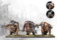 Three fully painted City States Minotaur Thyrean miniatures on square bases, depicted as powerful minotaurs wielding large two-handed axes and hammers.