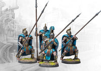 Four individual City States Phalangite miniatures on round bases, showcasing the command options and dynamic poses for the unit, armed with long pikes.
