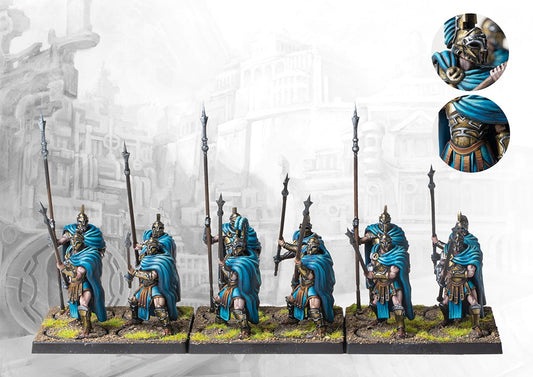 A fully painted unit of twelve City States Phalangite miniatures on square bases, depicted as a phalanx of warriors with crested helmets, long pikes, and blue cloaks.