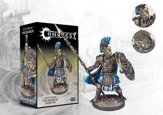 The product box and painted miniature for the City States Polemarch character, a heavily armored leader with a spear and shield, with detail callouts.