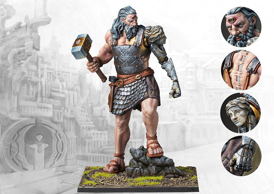 A fully painted City States Promethean miniature on a square base, a cyclops giant with a mechanical arm holding a large hammer, with detail callouts.