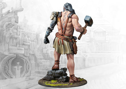 A rear view of the painted City States Promethean miniature, showcasing the muscular back and the intricate detail of the mechanical arm.