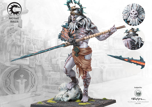 A fully painted Promethean Oracle Artisan Series miniature for the City States, a giant figure with a spear, with detailed callouts for its face and weapon.