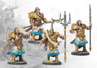 Four individual City States Sacred Band miniatures on round bases, showcasing different build options and dynamic poses with heavy gold armor and large polearms.