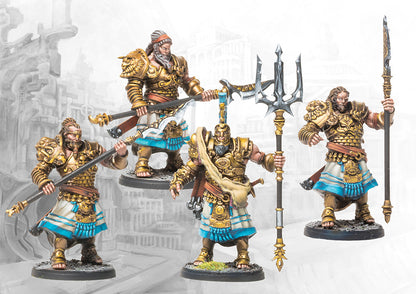 Four individual City States Sacred Band miniatures on round bases, showcasing different build options and dynamic poses with heavy gold armor and large polearms.