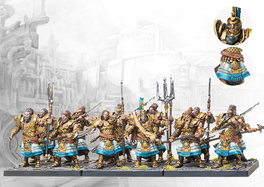 A fully painted unit of twelve City States Sacred Band miniatures on square bases, featuring elite warriors in ornate gold armor armed with various polearms.