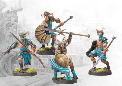 Four individual City States Satyroi miniatures on round bases, showcasing the different dynamic poses and weapon options available in the dual kit.