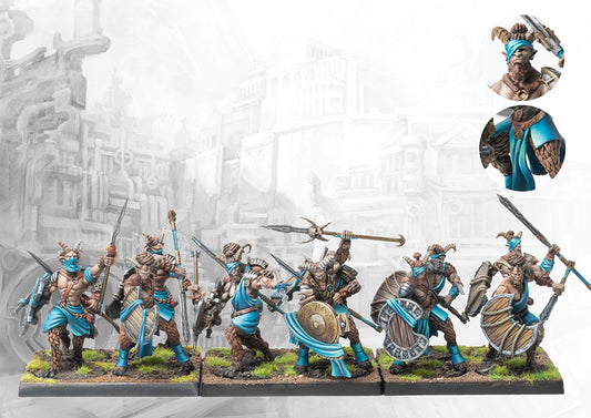 A fully painted unit of twelve City States Satyroi miniatures on square bases, featuring satyr warriors with a variety of weapons like spears and swords.