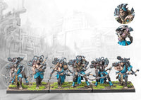 A fully painted unit of twelve City States Selinoi miniatures on square bases, featuring satyr archers with intricate horns, quivers, and bows.