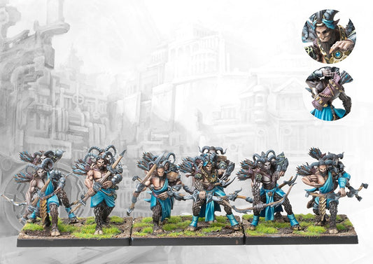 A fully painted unit of twelve City States Selinoi miniatures on square bases, featuring satyr archers with intricate horns, quivers, and bows.