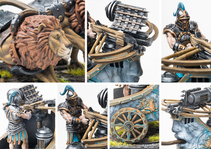 A collage of close-up images highlighting the fine details of the City States Skorpios model, including the armored lions, the crewman, and the repeating crossbow weapon.