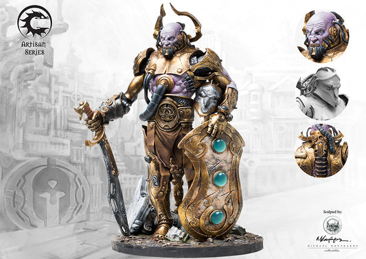 A fully painted Talos Artisan Series miniature for the City States, a giant automaton with a sword and shield, with detailed callouts for its alternate head and armor.