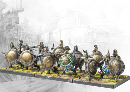A painted unit of twelve City States Thorakites in a shield wall formation, armed with swords and large round shields, including a command model with a laurel wreath.