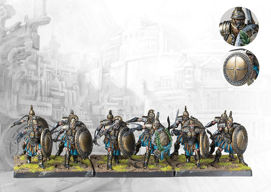 A fully painted unit of twelve City States Thorakites miniatures on square bases, featuring elite warriors in bronze armor with large round shields and swords.