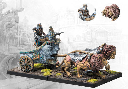 A fully painted City States War Chariot Flogobolon miniature, featuring two lions pulling a chariot mounted with a large flame weapon.