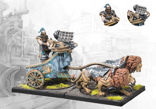 A fully painted City States War Chariot Skorpios miniature, featuring two lions pulling a chariot mounted with a large repeating crossbow.