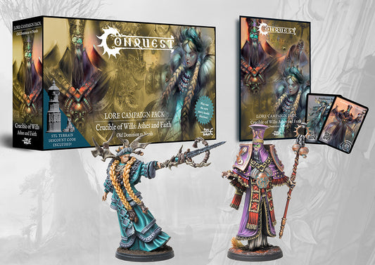 The complete Conquest: Ashes and Faith Lore Campaign Pack, showing the box, campaign book, the Old Dominion and Nords character miniatures, and cards.