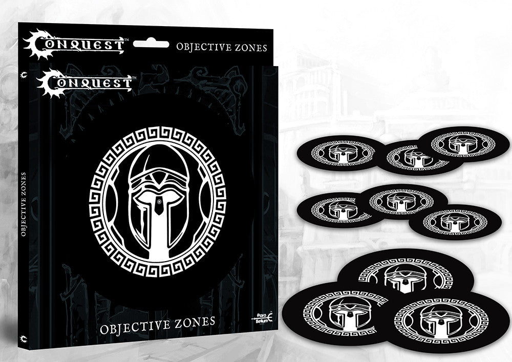 The product packaging for Conquest: Objective Zones, shown next to the nine oval objective markers featuring the black and white City States faction logo.