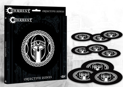 The product packaging for Conquest: Objective Zones, shown next to the nine oval objective markers featuring the black and white City States faction logo.