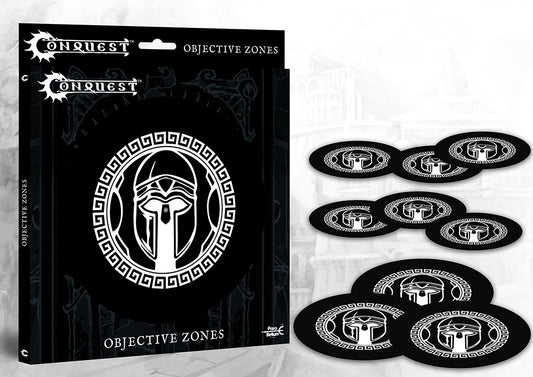 The product packaging for Conquest: Objective Zones, shown next to the nine oval objective markers featuring the black and white City States faction logo.