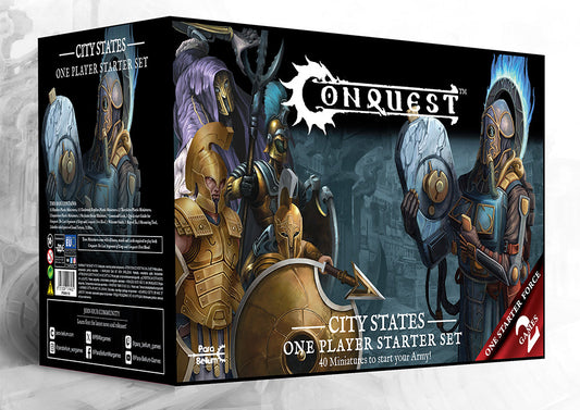 The retail box art for the Conquest City States One Player Starter Set, featuring an army of hoplites and other Greek-inspired warriors.