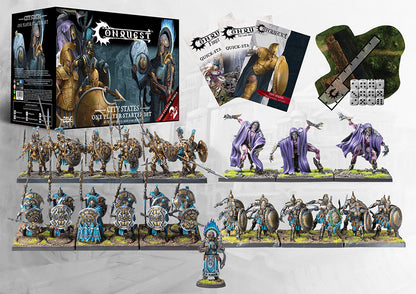 A display of the full contents of the Conquest City States One Player Starter Set, including 40 miniatures, quick-start guides, dice, and a game map.