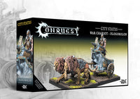 The product box for the City States War Chariot Flogobolon, a dual kit that also builds a Skorpios, showing the lion-drawn chariot model.