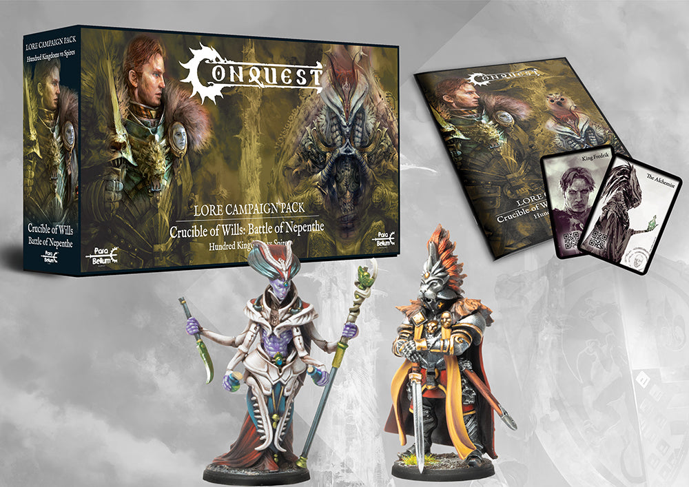 Contents of the Battle of Nepenthe Lore Campaign Pack, including the campaign book, unit cards, King Fredrik of the Hundred Kingdoms, and a Spires Alchemist.