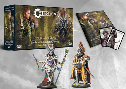 Contents of the Battle of Nepenthe Lore Campaign Pack, including the campaign book, unit cards, King Fredrik of the Hundred Kingdoms, and a Spires Alchemist.