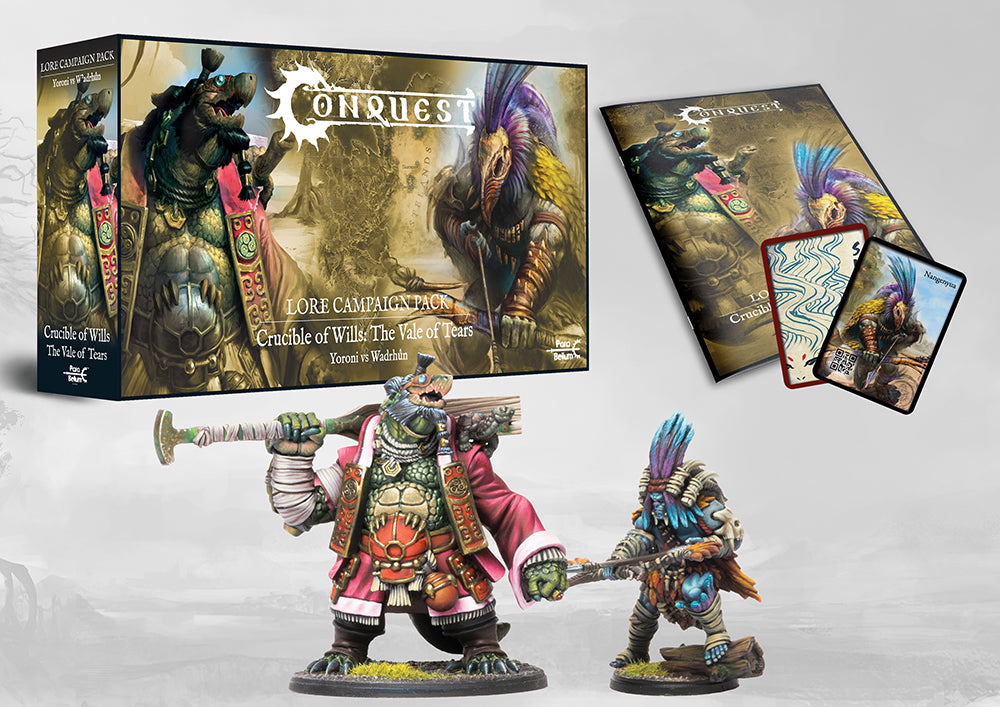 Contents of The Vale of Tears Lore Campaign Pack, showing the campaign book, cards, and the Yoroni and Wadrhun character miniatures.