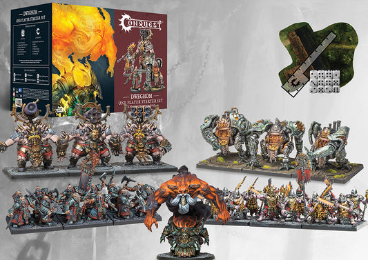 Contents of the Dweghom One Player Starter Set, featuring Steelforged, Dragonslayers, Flame Berserkers, and a Tempered Sorcerer.