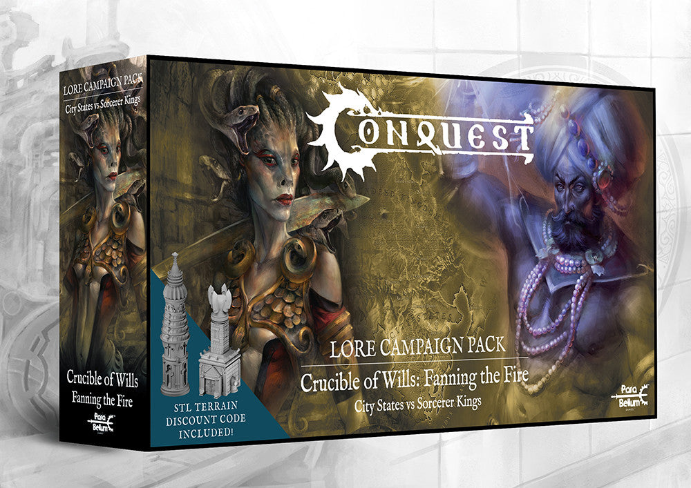 The retail box for the Conquest: Fanning the Fire campaign pack, featuring artwork of the City States Gorgon and the Sorcerer Kings Ghilman.The retail box for the Conquest: Fanning the Fire campaign pack, featuring artwork of the City States Gorgon and the Sorcerer Kings Ghilman.