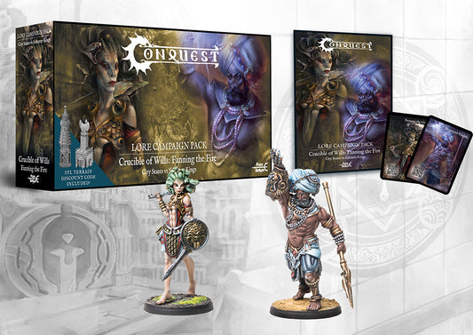 The complete Conquest: Fanning the Fire Lore Campaign Pack, showing the box, book, City States Gorgon and Sorcerer Kings Ghilman character miniatures, and cards.