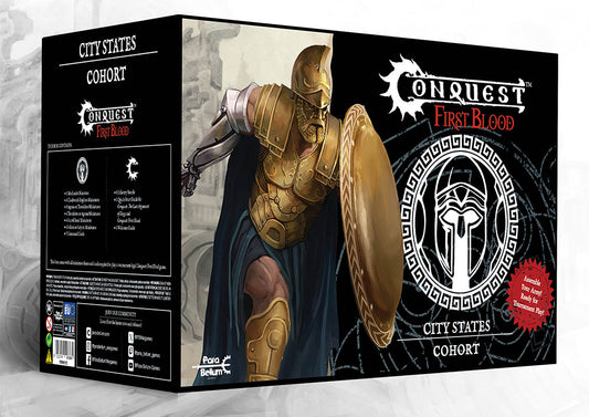 The retail box for the Conquest First Blood City States Cohort starter set, featuring artwork of a hoplite warrior and the First Blood skirmish game logo.