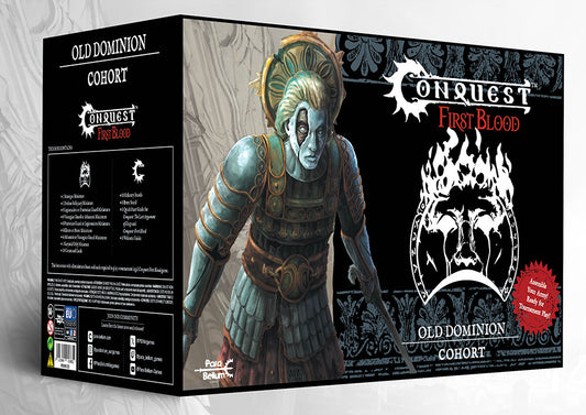 The retail box for the Conquest First Blood Old Dominion Cohort starter set, featuring artwork of an undead warrior and the First Blood skirmish game logo.
