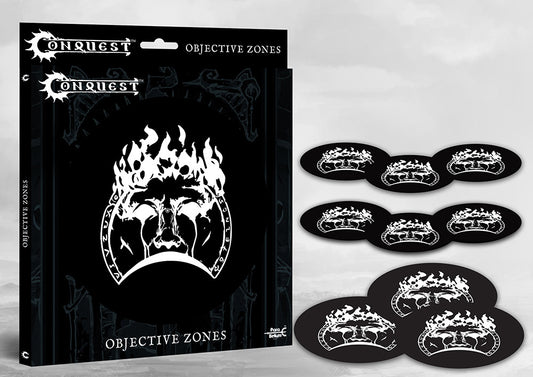 The product packaging and nine oval objective markers for Conquest, featuring a black and white design themed with the Old Dominion faction symbol.