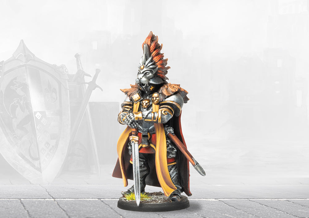 A fully painted miniature of King Fredrik for the Hundred Kingdoms, wearing ornate silver and gold armor with a lion-headed helmet and a red cape.