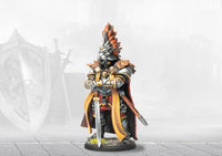 A fully painted miniature of King Fredrik for the Hundred Kingdoms, wearing ornate silver and gold armor with a lion-headed helmet and a red cape.
