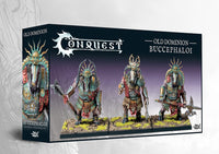 The product box for the Old Dominion Buccephaloi regiment expansion set, showing three painted undead minotaur-like miniatures for the Conquest wargame.
