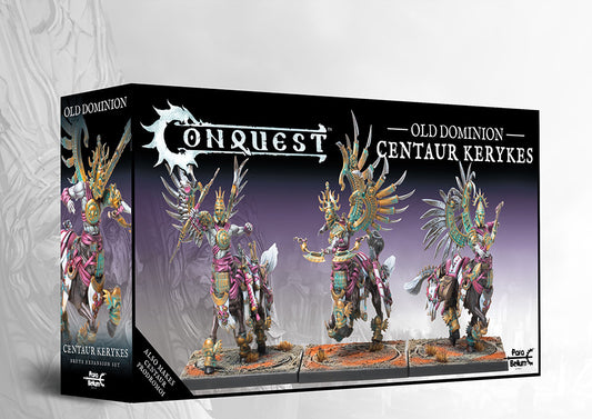 The product box for the Old Dominion Centaur Kerykes, a dual kit that also builds Centaur Prodromoi for the Conquest wargame.